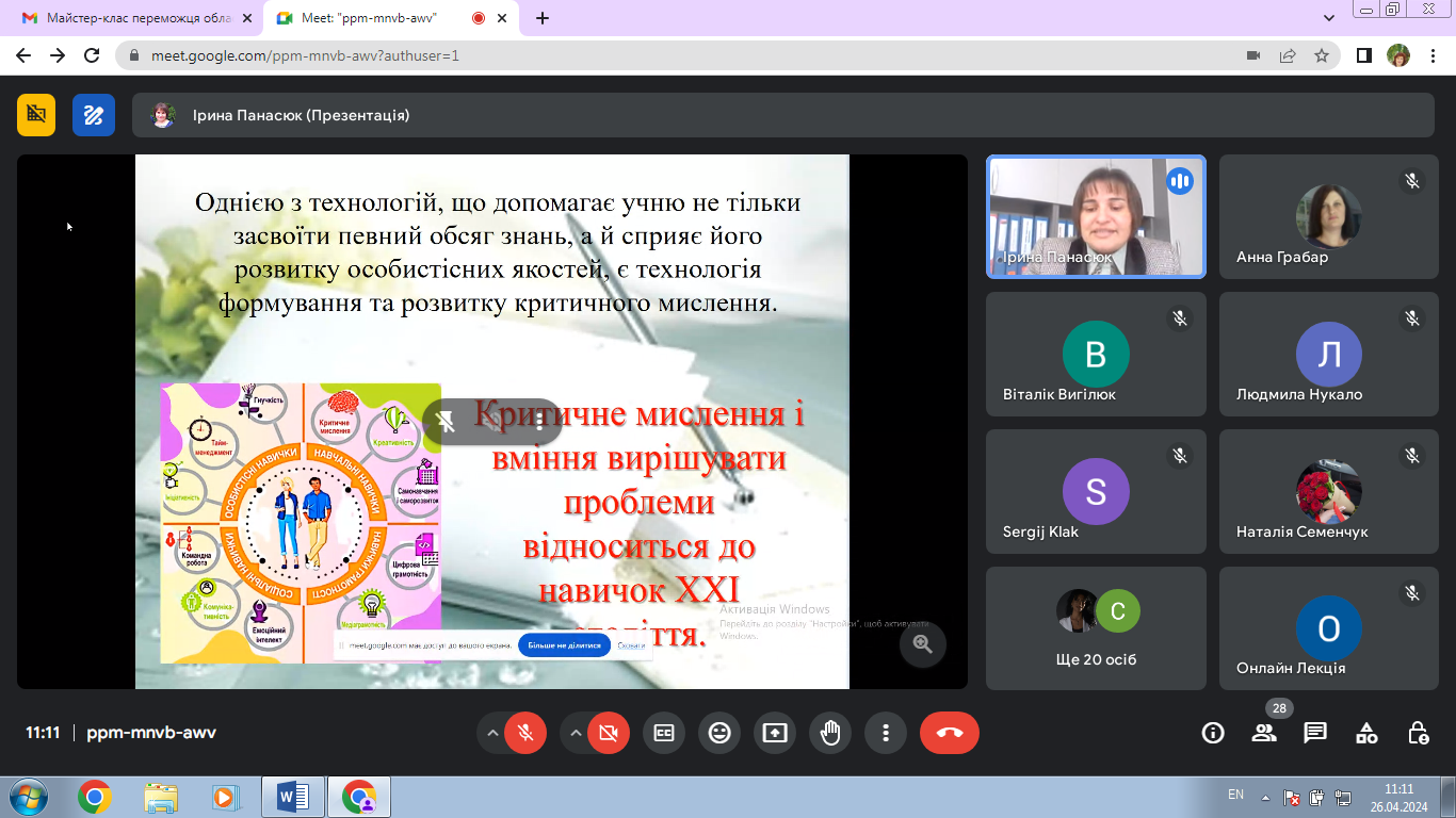Проведення  майстер-класу «Критичне мислення як шлях активізації та реалізації творчого потенціалу учнів на уроках основ здоров’я»